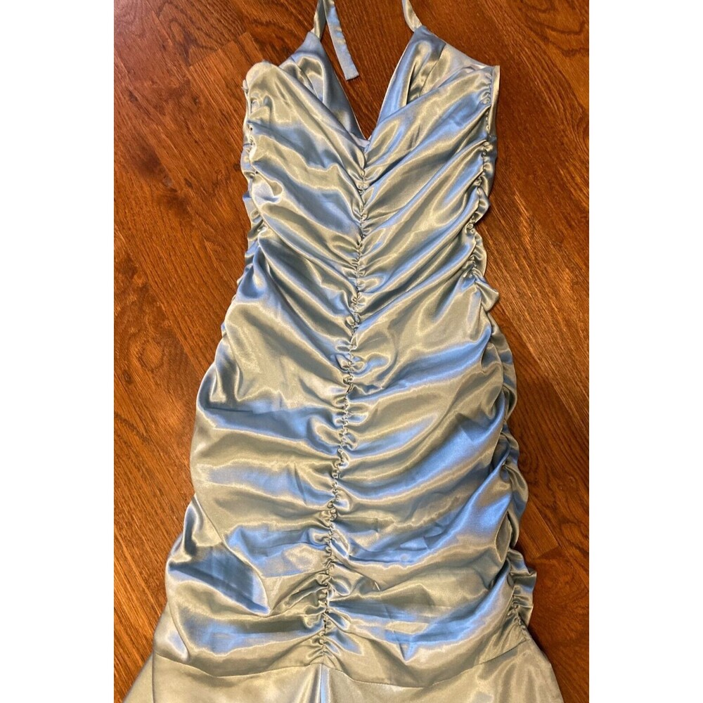 Jessica McClintock Vintage Blue Ruched Halter Neck Prom Formal Dress Size 2 - Picture 11 of 14